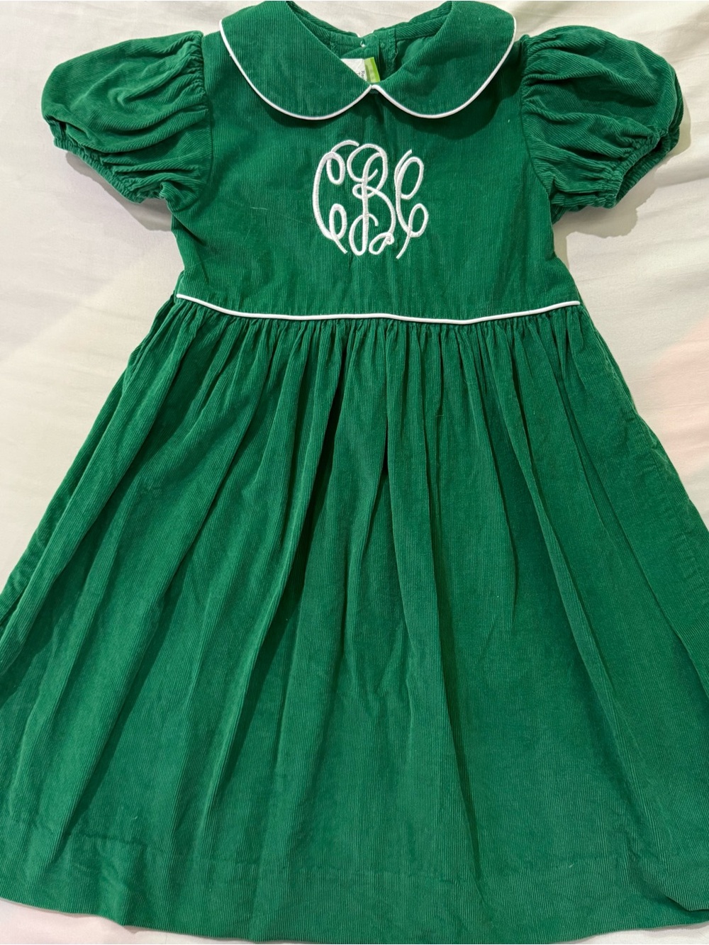 Girls' Emerald Green Peter Pan Collar Corduroy Dress with White Piping Monogram